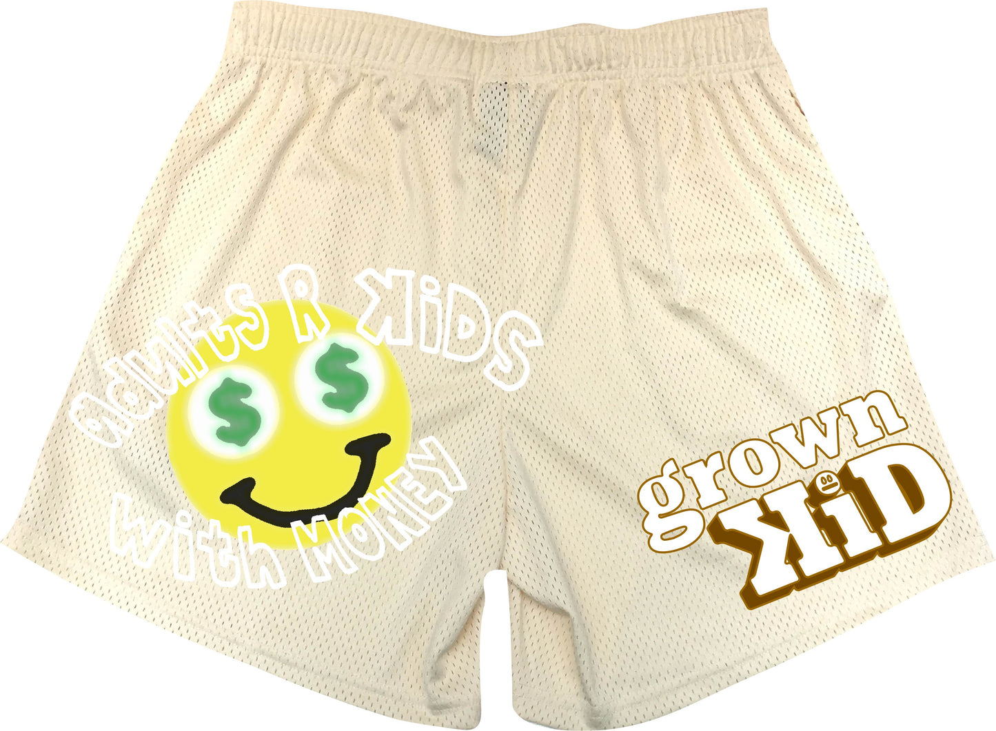 "ADULTS R KiDS WITH MONEY" MESH SHORTS in CREAM