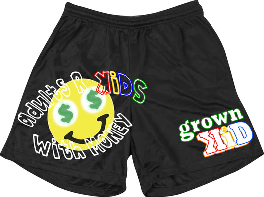 "ADULTS R KiDS WITH MONEY" MESH SHORTS in JET BLACK