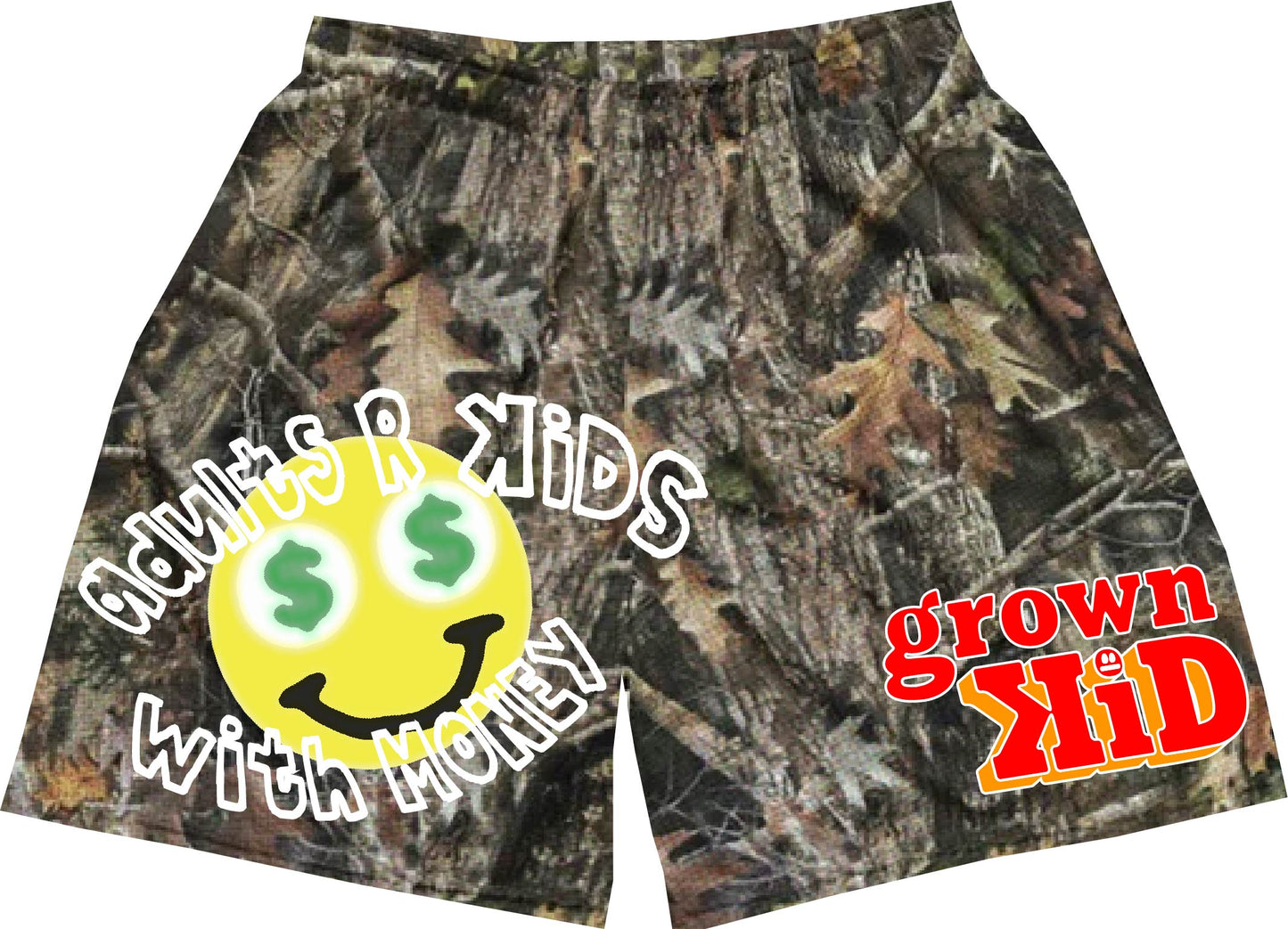 "ADULTS R KiDS WITH MONEY" MESH SHORTS in REAL TREE CAMO