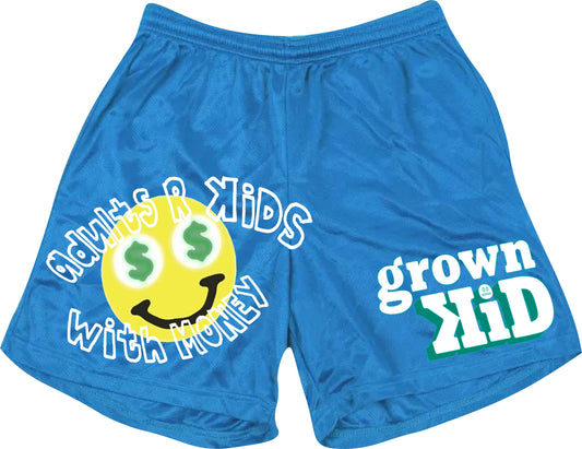 "ADULTS R KiDS WITH MONEY" MESH SHORTS in COLUMBIA BLUE