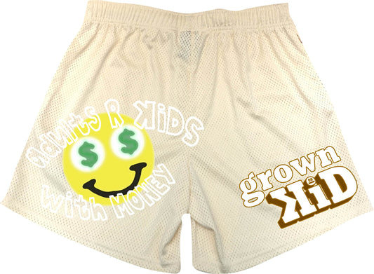 "ADULTS R KiDS WITH MONEY" MESH SHORTS in CREAM
