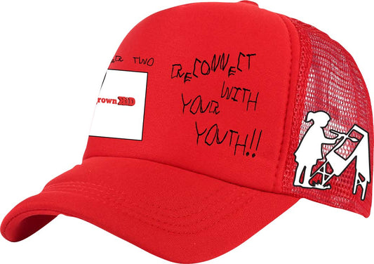 "RECONNECT WITH YOUR YOUTH" TRUCKER HAT in RED
